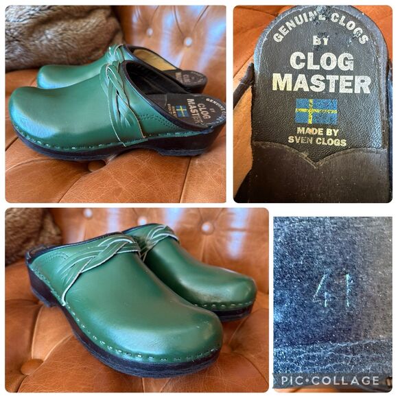 Sven Clog Master Women Eu 41 Green Leather Woven Accent Shoes Wooden Slip On - Picture 2 of 11